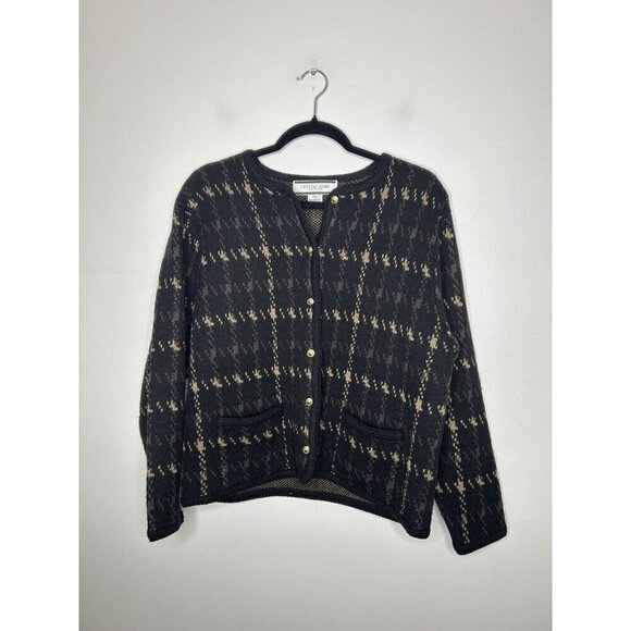 Crystal-Kobe Petites Brown Black Knit Button Up Sweater 90s Size Petite Large - Picture 1 of 9